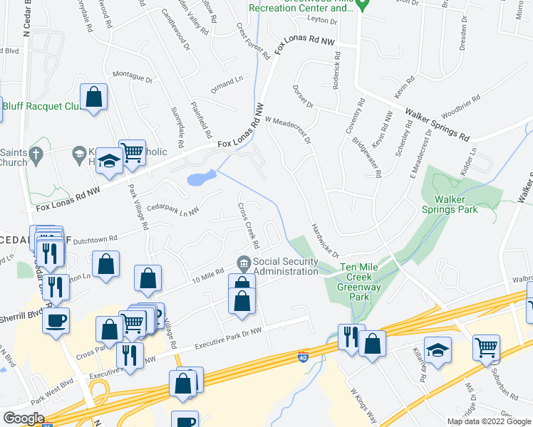 map of restaurants, bars, coffee shops, grocery stores, and more near 9004 Creekside Lane Northwest in Knoxville