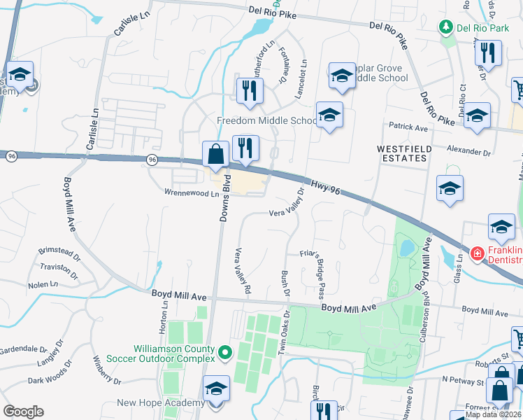 map of restaurants, bars, coffee shops, grocery stores, and more near 3115 Vera Valley Drive in Franklin