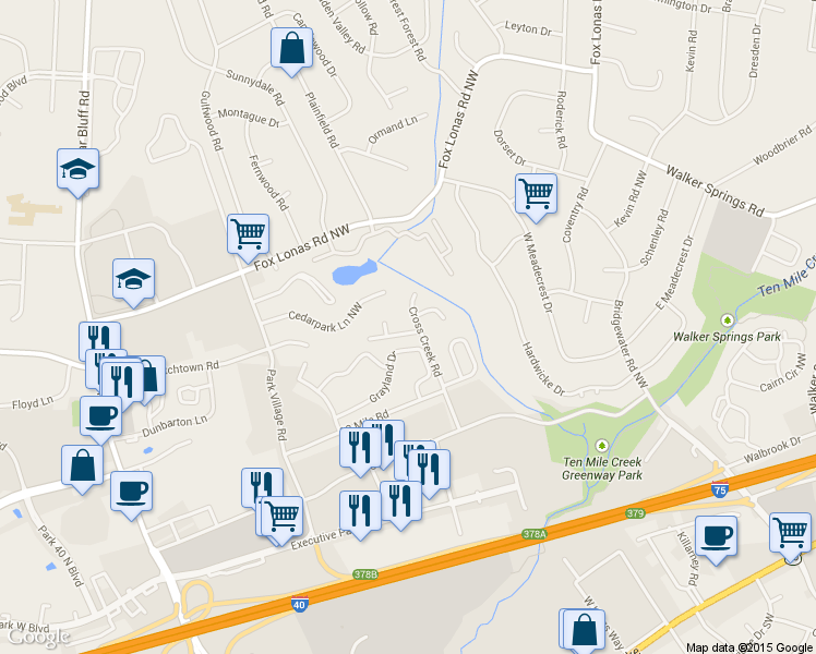 map of restaurants, bars, coffee shops, grocery stores, and more near 9001 Countryside Lane in Knoxville