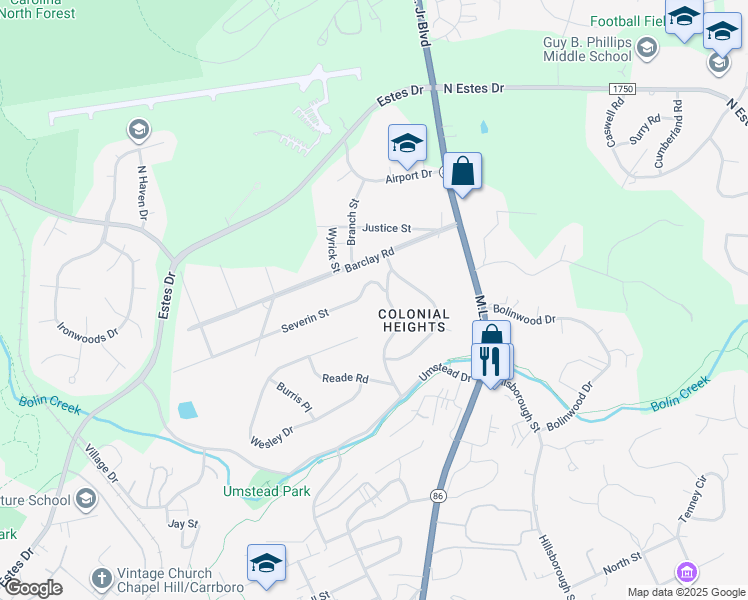 map of restaurants, bars, coffee shops, grocery stores, and more near 201 Severin Street in Chapel Hill