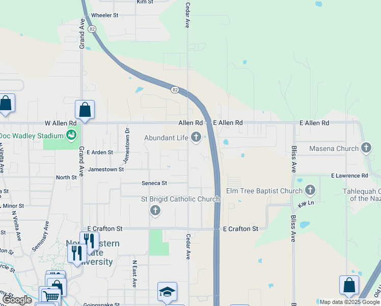 map of restaurants, bars, coffee shops, grocery stores, and more near 1300 Cedar Avenue in Tahlequah
