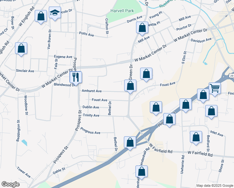 map of restaurants, bars, coffee shops, grocery stores, and more near 326 Amhurst Avenue in High Point
