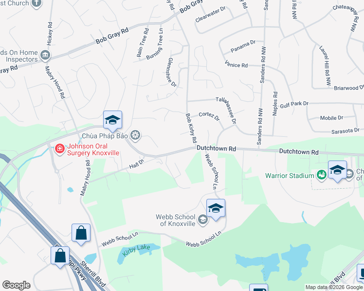 map of restaurants, bars, coffee shops, grocery stores, and more near 9805 Dutchtown Road in Knoxville
