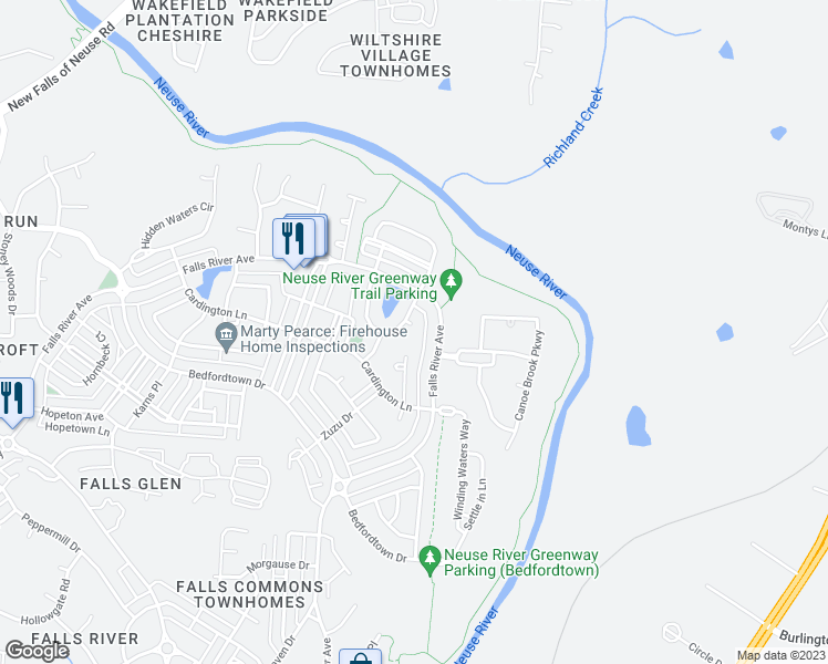 map of restaurants, bars, coffee shops, grocery stores, and more near 10704 Debmoor Place in Raleigh