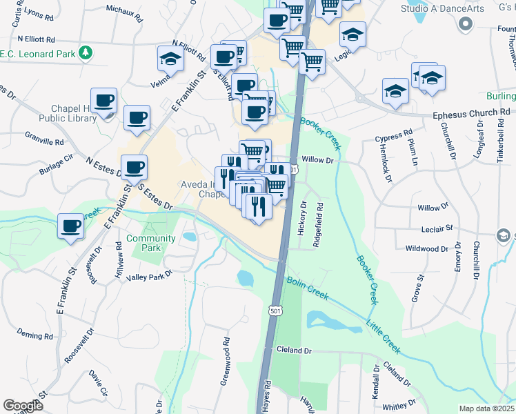 map of restaurants, bars, coffee shops, grocery stores, and more near 201 South Estes Drive in Chapel Hill