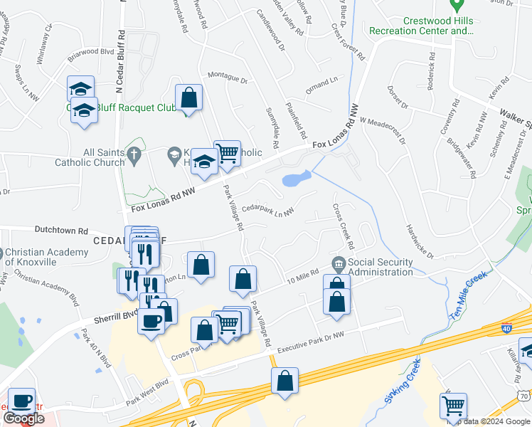 map of restaurants, bars, coffee shops, grocery stores, and more near 9144 Cedarpark Lane Northwest in Knoxville