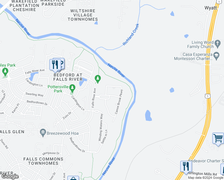 map of restaurants, bars, coffee shops, grocery stores, and more near 3301 Magical Place in Raleigh