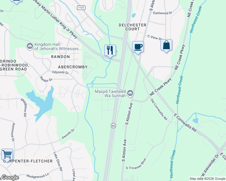 map of restaurants, bars, coffee shops, grocery stores, and more near 1400-1498 Odyssey Drive in Durham