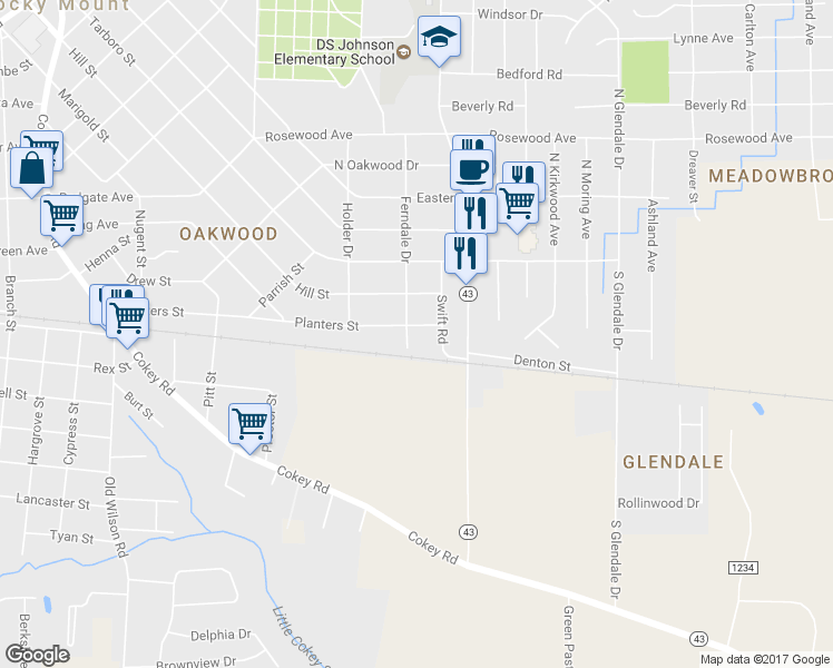 map of restaurants, bars, coffee shops, grocery stores, and more near 1405 Planters Street in Rocky Mount