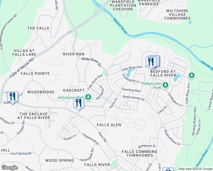 map of restaurants, bars, coffee shops, grocery stores, and more near 10420 Bedfordtown Drive in Raleigh
