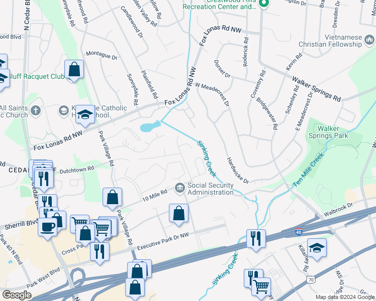 map of restaurants, bars, coffee shops, grocery stores, and more near 9004 Creekside Lane Northwest in Knoxville