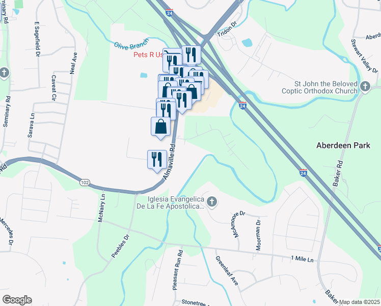 map of restaurants, bars, coffee shops, grocery stores, and more near 1949 Almaville Road in Smyrna