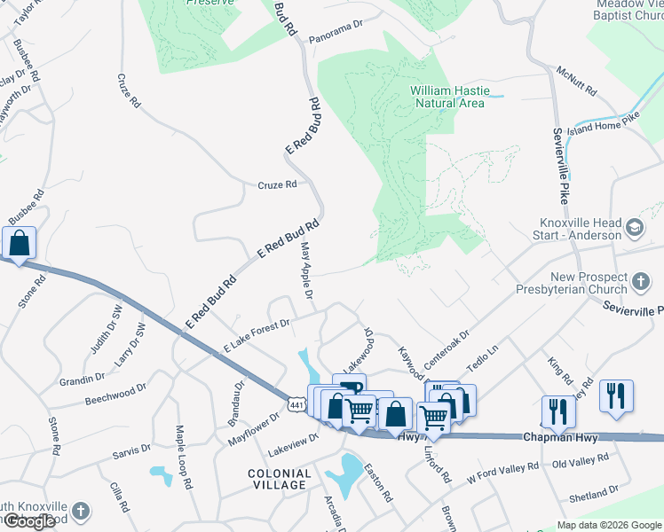 map of restaurants, bars, coffee shops, grocery stores, and more near 515 Post Oak Lane in Knoxville