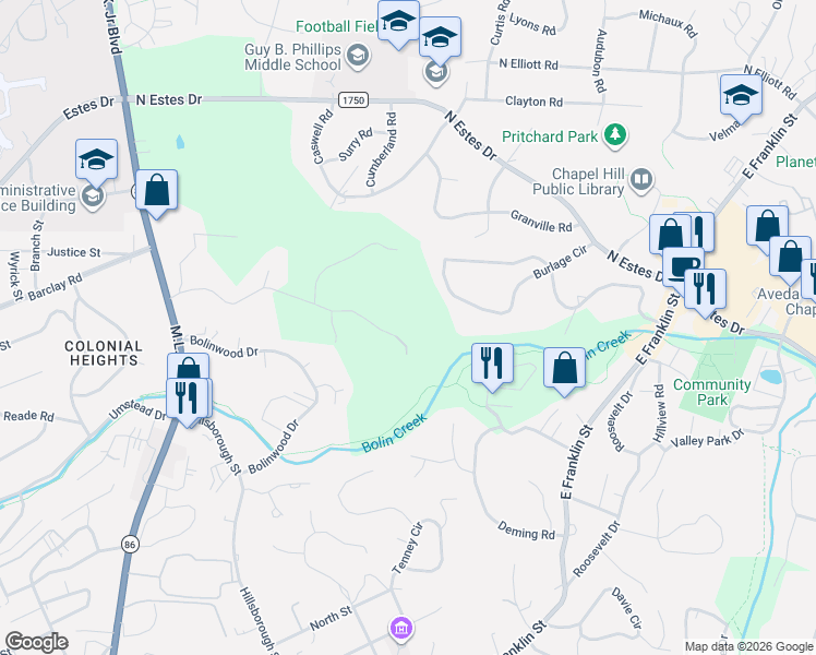 map of restaurants, bars, coffee shops, grocery stores, and more near 32 Mount Bolus Road in Chapel Hill