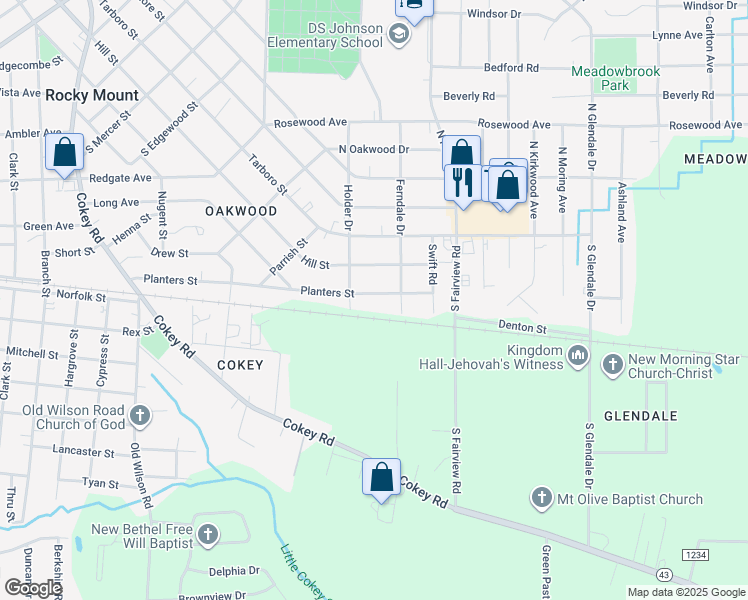 map of restaurants, bars, coffee shops, grocery stores, and more near 1323 Planters Street in Rocky Mount