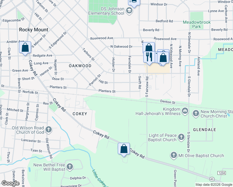 map of restaurants, bars, coffee shops, grocery stores, and more near 1255 Planters Street in Rocky Mount