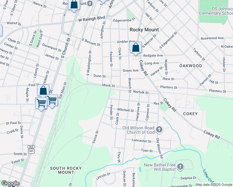map of restaurants, bars, coffee shops, grocery stores, and more near 1207 Pender Street in Rocky Mount