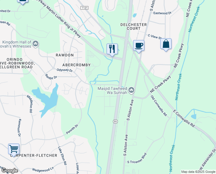 map of restaurants, bars, coffee shops, grocery stores, and more near 1007 Badlands Street in Durham