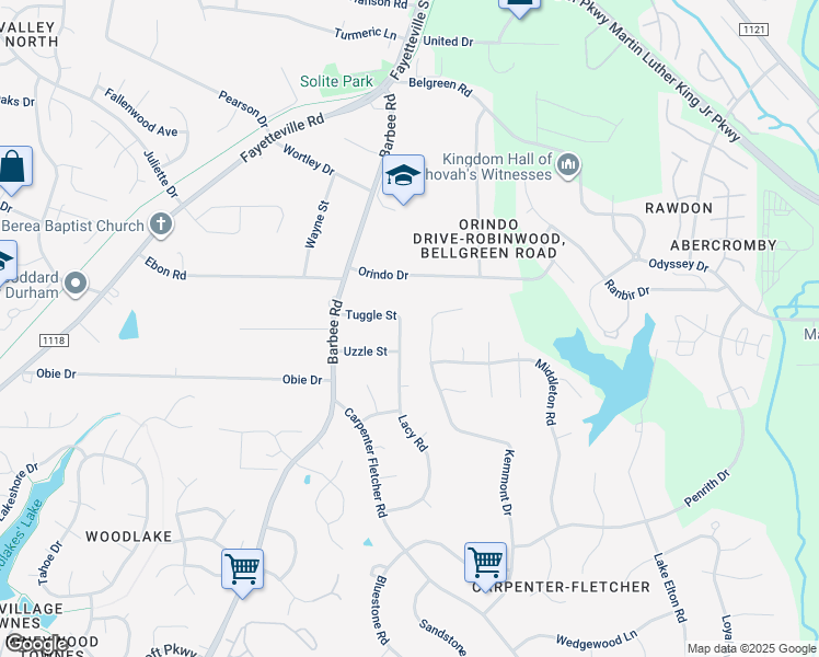 map of restaurants, bars, coffee shops, grocery stores, and more near 5118 Kemmont Drive in Durham