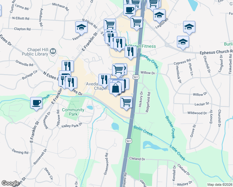 map of restaurants, bars, coffee shops, grocery stores, and more near 201 South Estes Drive in Chapel Hill