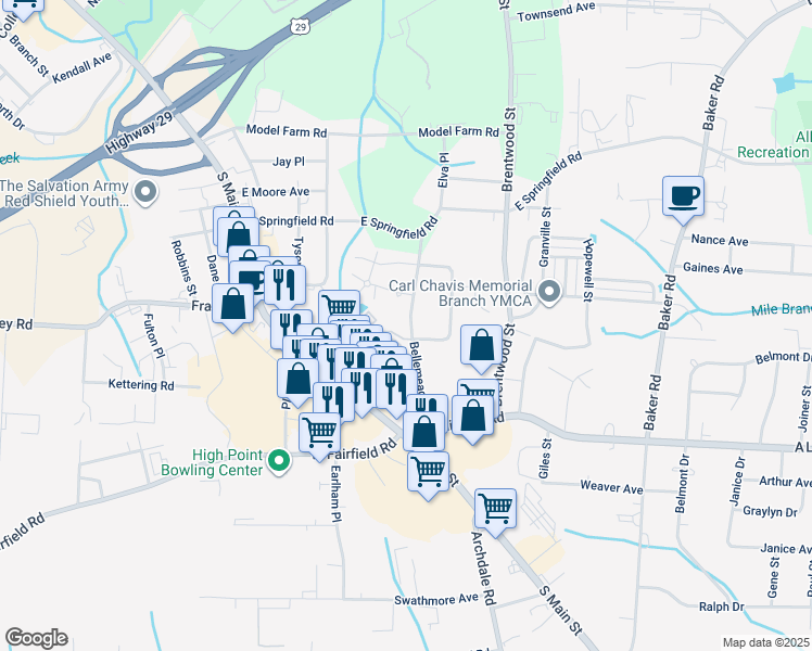 map of restaurants, bars, coffee shops, grocery stores, and more near 2452 Bellemeade Street in High Point