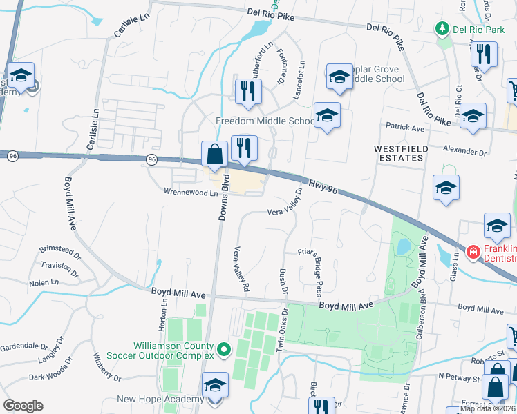 map of restaurants, bars, coffee shops, grocery stores, and more near 3115 Vera Valley Drive in Franklin