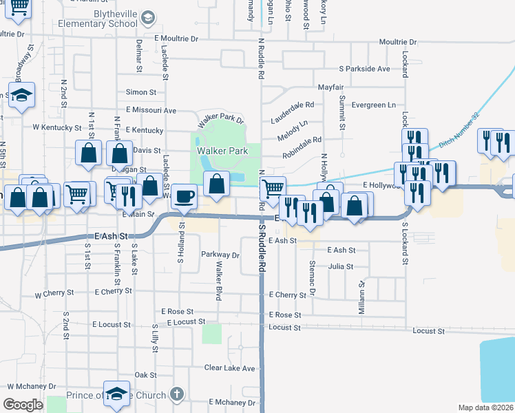 map of restaurants, bars, coffee shops, grocery stores, and more near 111 N Ruddle Rd in Blytheville
