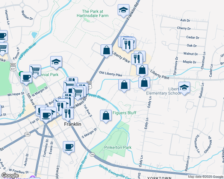 map of restaurants, bars, coffee shops, grocery stores, and more near 118 Daniels Drive in Franklin