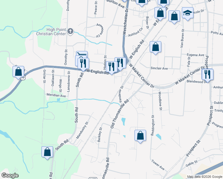 map of restaurants, bars, coffee shops, grocery stores, and more near 122 Cornell Drive in High Point