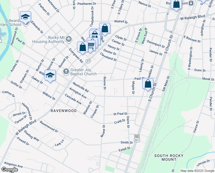 map of restaurants, bars, coffee shops, grocery stores, and more near 1215 Boone Street in Rocky Mount