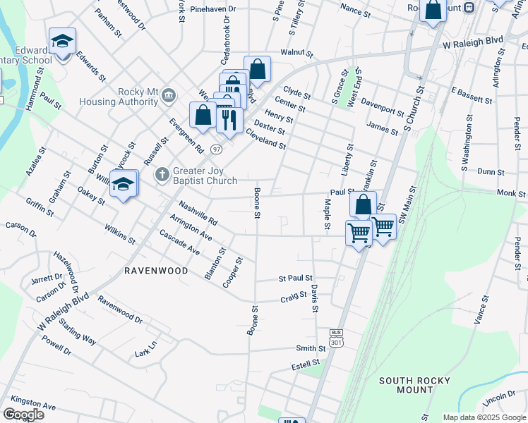 map of restaurants, bars, coffee shops, grocery stores, and more near 1215 Boone Street in Rocky Mount