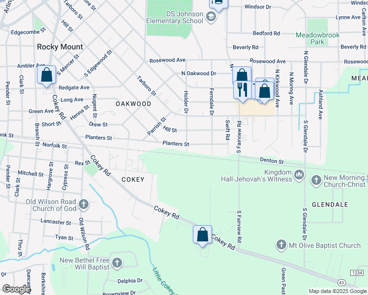 map of restaurants, bars, coffee shops, grocery stores, and more near 1255 Planters Street in Rocky Mount