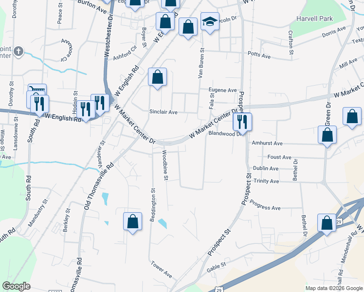 map of restaurants, bars, coffee shops, grocery stores, and more near 1107 Stratton Avenue in High Point