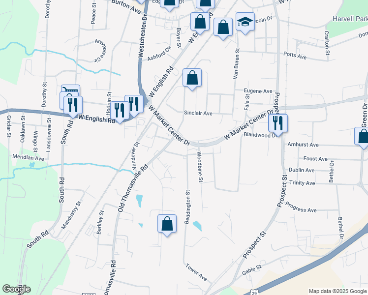 map of restaurants, bars, coffee shops, grocery stores, and more near 160 Beddington Street in High Point