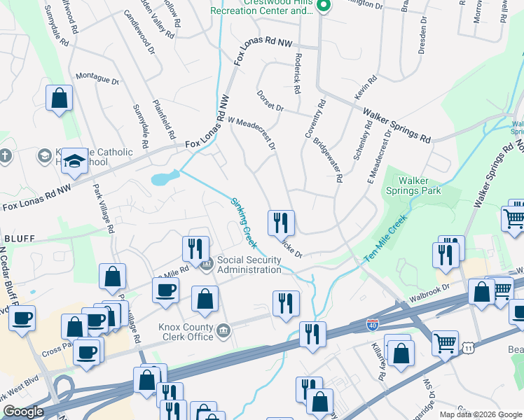 map of restaurants, bars, coffee shops, grocery stores, and more near 525 Hardwicke Dr NW in Knoxville