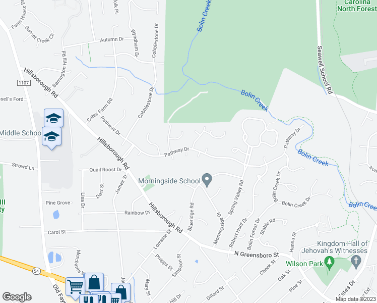 map of restaurants, bars, coffee shops, grocery stores, and more near 2007 Pathway Drive in Chapel Hill