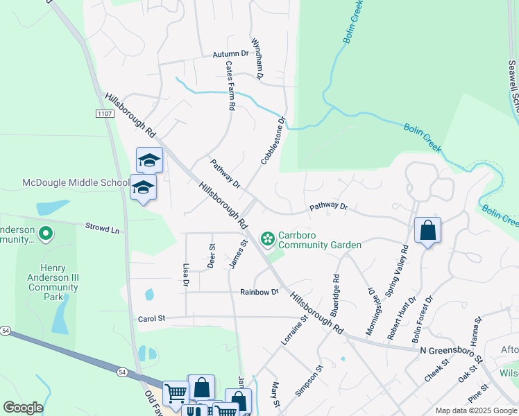 map of restaurants, bars, coffee shops, grocery stores, and more near 100 Wren Place in Chapel Hill