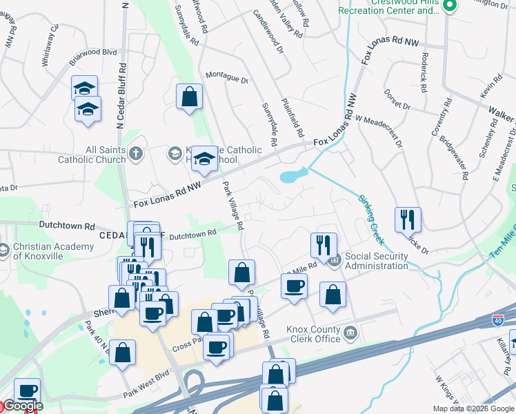 map of restaurants, bars, coffee shops, grocery stores, and more near 9145 Cedarpark Lane Northwest in Knoxville