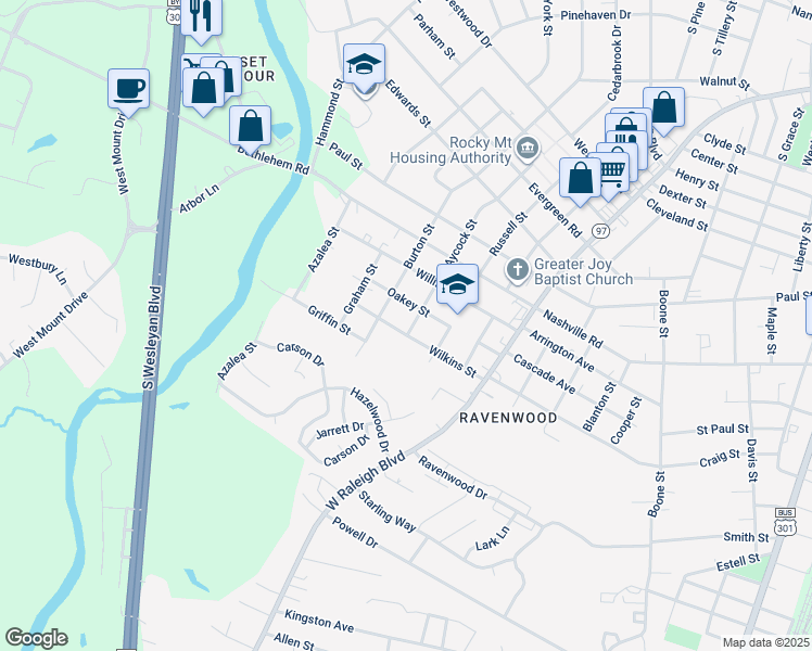 map of restaurants, bars, coffee shops, grocery stores, and more near Aycock Street in Rocky Mount