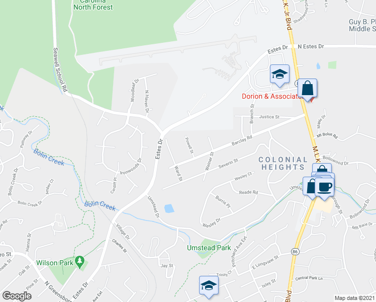 map of restaurants, bars, coffee shops, grocery stores, and more near 805 Powell Street in Chapel Hill