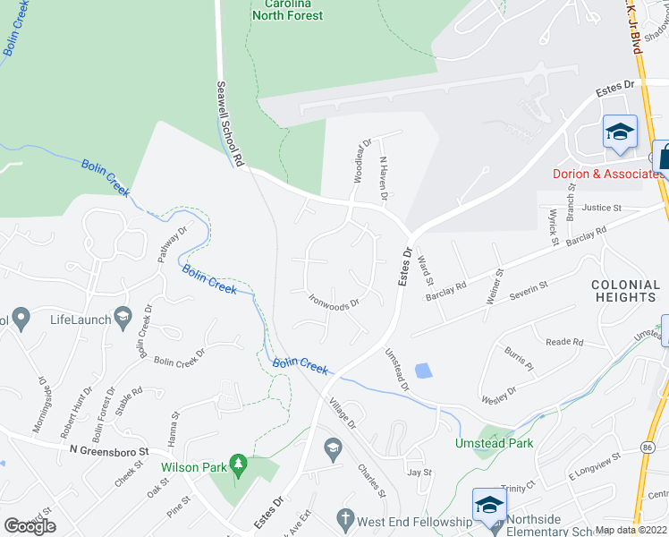 map of restaurants, bars, coffee shops, grocery stores, and more near 116 Hampshire Place in Chapel Hill