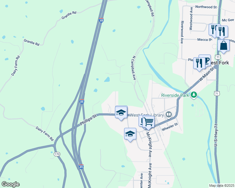 map of restaurants, bars, coffee shops, grocery stores, and more near 138 Clifton Place in West Fork
