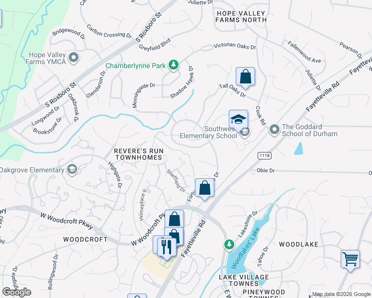 map of restaurants, bars, coffee shops, grocery stores, and more near 4903 Fortunes Ridge Drive in Durham