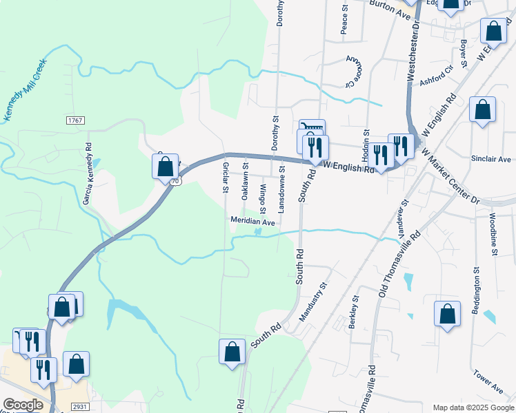 map of restaurants, bars, coffee shops, grocery stores, and more near 325 Wingo Street in High Point