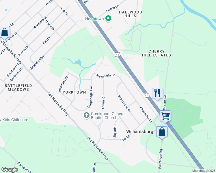 map of restaurants, bars, coffee shops, grocery stores, and more near 6036 Adams Drive in Murfreesboro