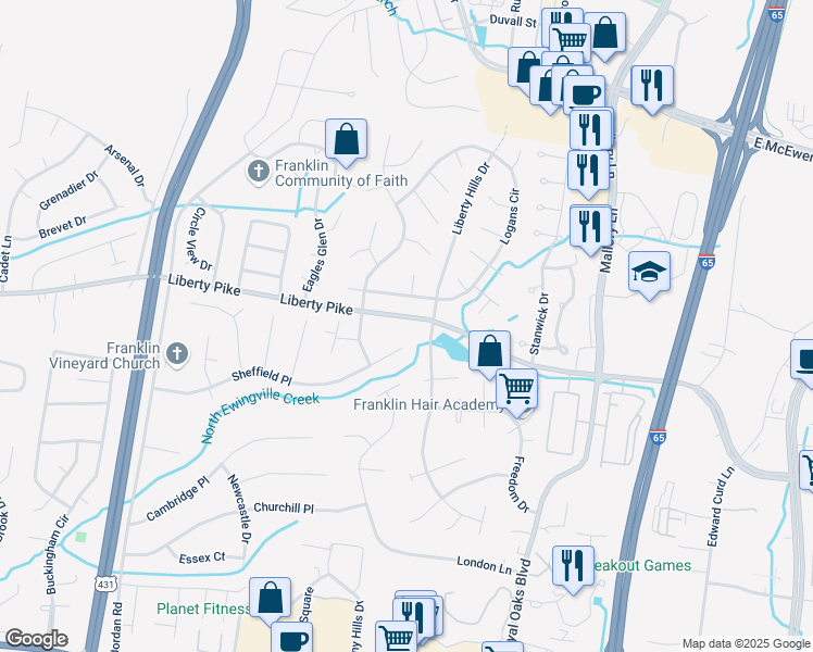 map of restaurants, bars, coffee shops, grocery stores, and more near 1019 Liberty Pike in Franklin