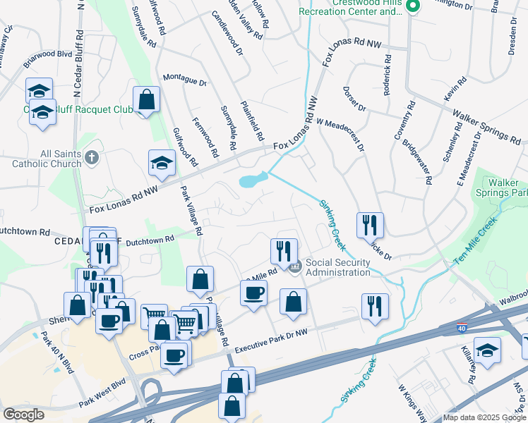 map of restaurants, bars, coffee shops, grocery stores, and more near 9120 Cedarpark Lane Northwest in Knoxville
