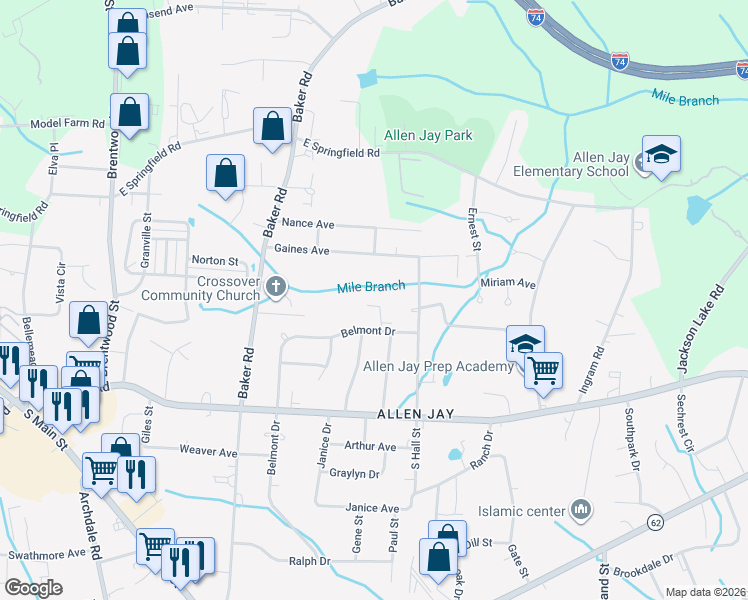 map of restaurants, bars, coffee shops, grocery stores, and more near 819 Belmont Drive in High Point