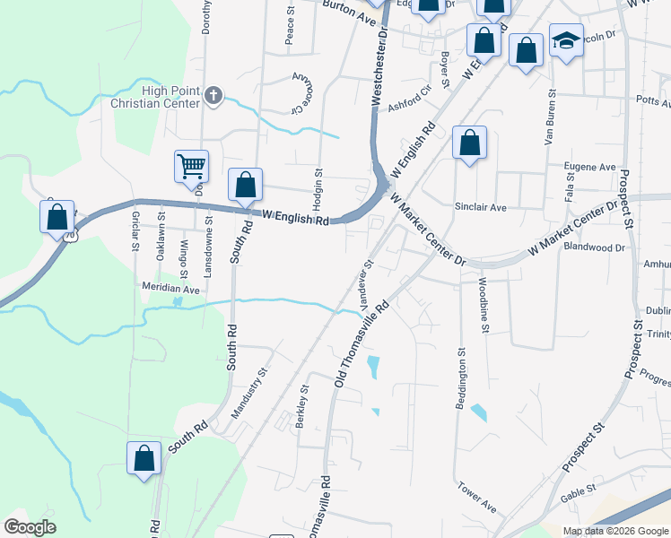map of restaurants, bars, coffee shops, grocery stores, and more near 122 Cornell Drive in High Point