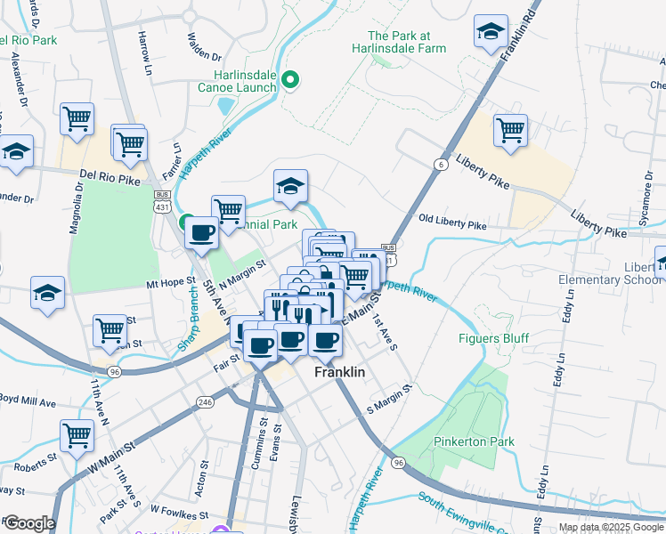 map of restaurants, bars, coffee shops, grocery stores, and more near 108 Bridge Street in Franklin